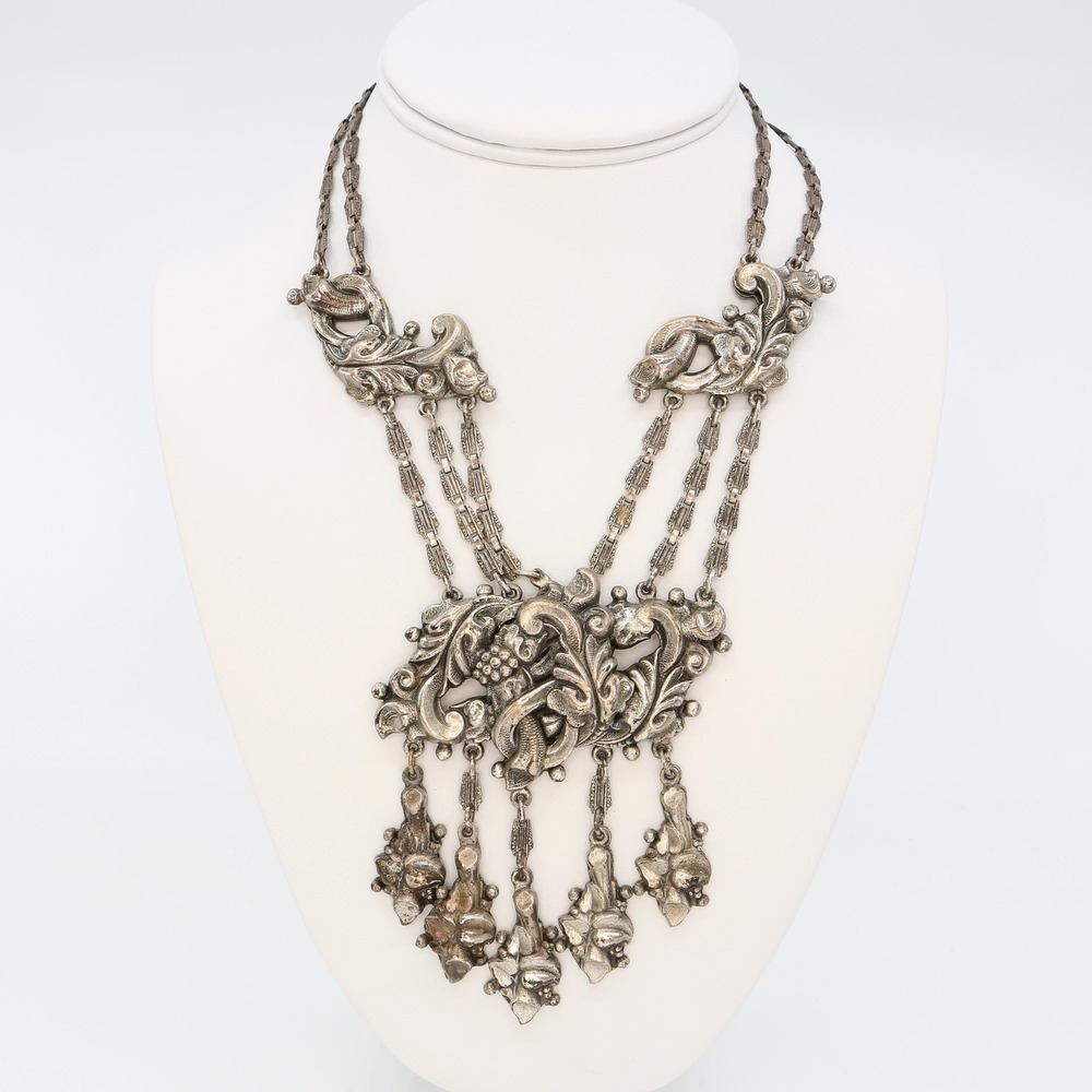 Vintage Victorian Revival Large Chunky Ornate Silver‎ Plated Necklace 1930s